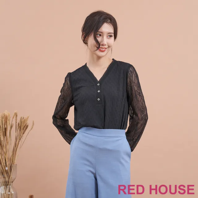 【RED HOUSE 蕾赫斯】氣質蕾絲袖拼接V領上衣(共2色)