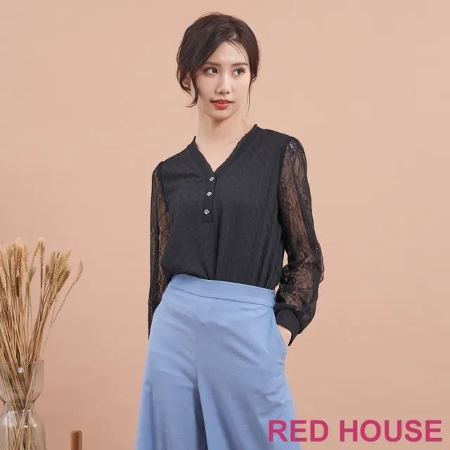 【RED HOUSE 蕾赫斯】氣質蕾絲袖拼接V領上衣(共2色)