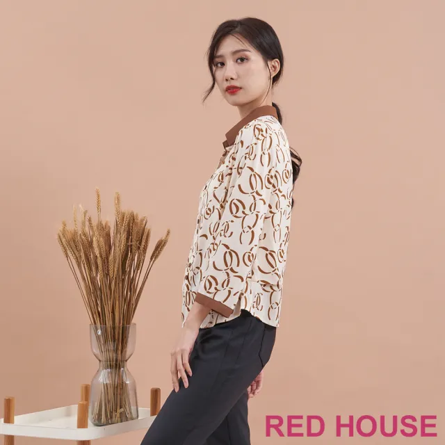 【RED HOUSE 蕾赫斯】復古幾何印花V領襯衫(咖啡色)