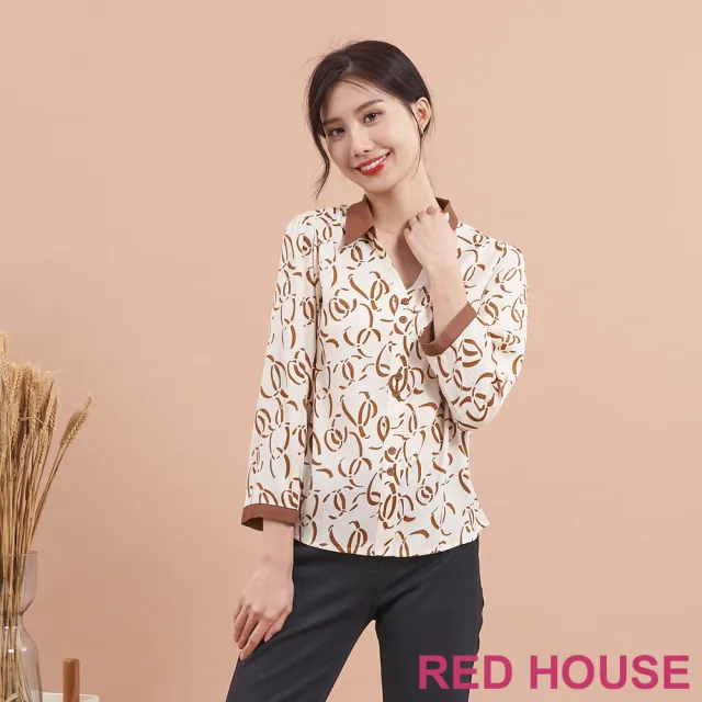 【RED HOUSE 蕾赫斯】復古幾何印花V領襯衫(咖啡色)