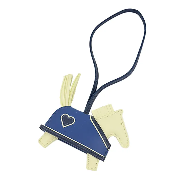 【Hermes 愛馬仕】愛馬仕 RODEO 牛仔愛心戰馬羊皮吊飾(黃米爾頓/夜藍)