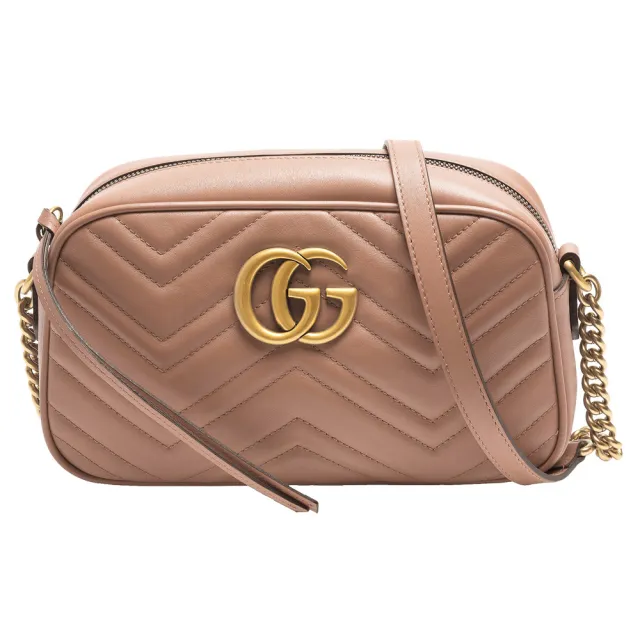 【GUCCI 古馳】GG Marmont系列仿舊金色雙G LOGO牛皮山字車紋拉鍊肩背包(裸色447632-DTDID-5729)