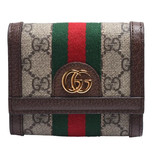 【GUCCI 古馳】經典Ophidia GG印花帆布牛皮飾邊暗釦短夾(棕523174-96IWG-8745)
