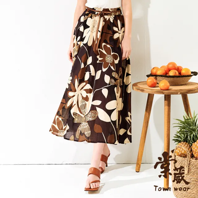 【TOWN’WEAR 棠葳】純棉島嶼花卉中長裙(中大尺碼/女下身/女下著/印花/綁結/腰頭彈性/涼感/棉質)