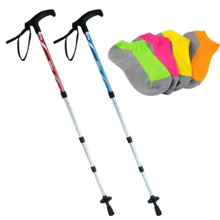 【Yenzch】登山杖/收納款四節 7075航太級/T柄 RM-10624(二色可選 2入《贈送竹炭襪》台灣製)