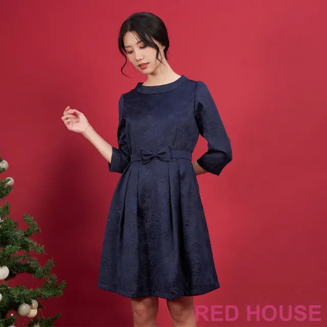 【RED HOUSE 蕾赫斯】輕奢小立領花朵緹花洋裝(深藍色)