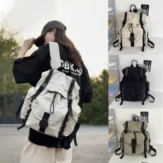學生工裝風抽繩翻蓋雙肩書包 戶外旅行大容量輕便雙肩包 休閒情侶包 後背包 登山 出清品 開學季