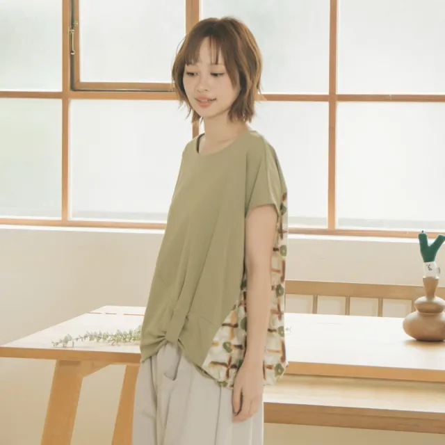 【MOSS CLUB】異材質手繪感拼接蝙蝠袖T恤(淺綠 卡 杏/魅力商品)