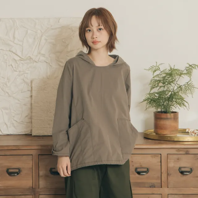 【MOSS CLUB】磨毛斜紋工裝連帽長袖上衣(咖 灰)