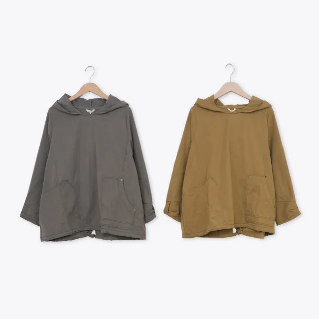 【MOSS CLUB】磨毛斜紋工裝連帽長袖上衣(咖 灰)