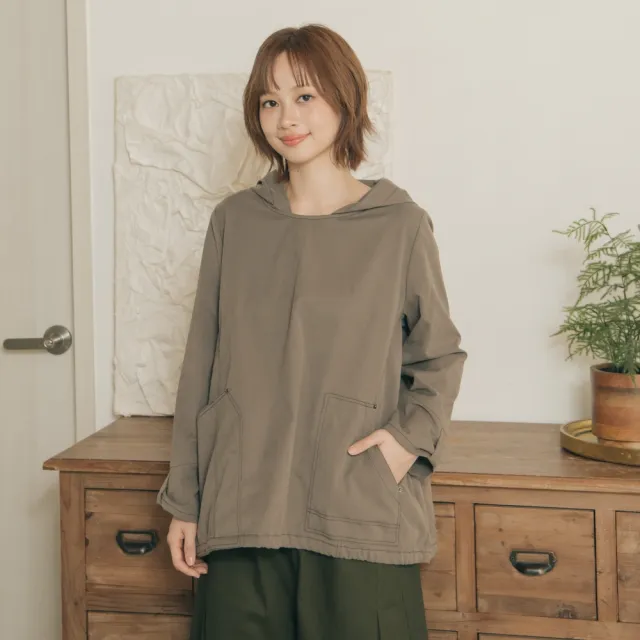 【MOSS CLUB】磨毛斜紋工裝連帽長袖上衣(咖 灰)