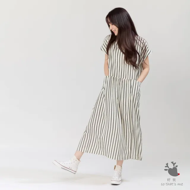 【so that’s me 好我】Phoebe口袋V領直條洋裝/黑白條(黑白條)
