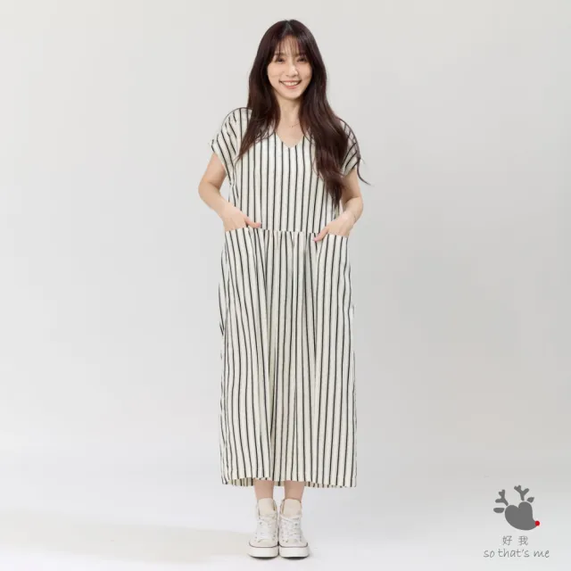 【so that’s me 好我】Phoebe口袋V領直條洋裝/黑白條(黑白條)