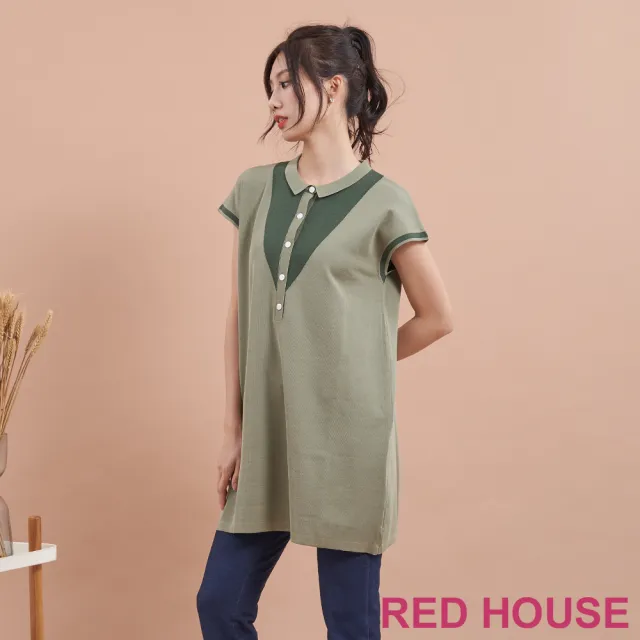 【RED HOUSE 蕾赫斯】學院風配色小翻領長版針織衫(共2色)