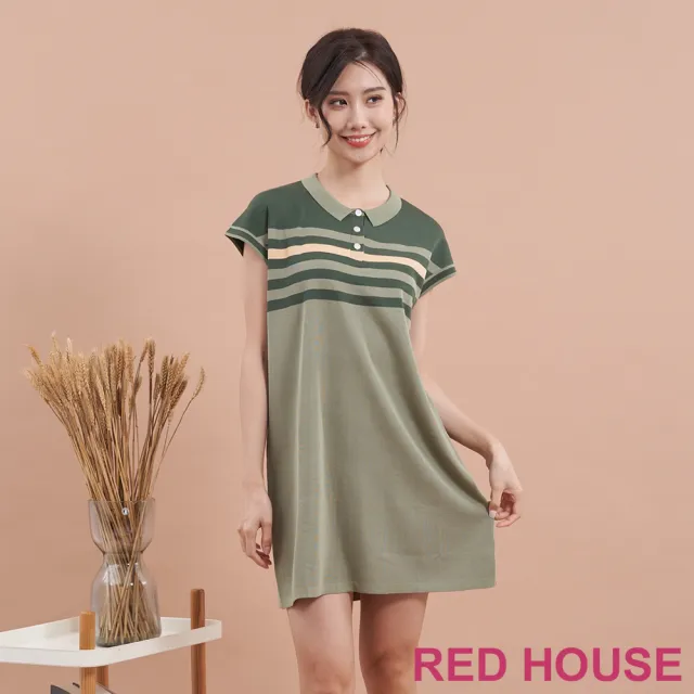 【RED HOUSE 蕾赫斯】休閒配色條紋長版針織衫(綠色)