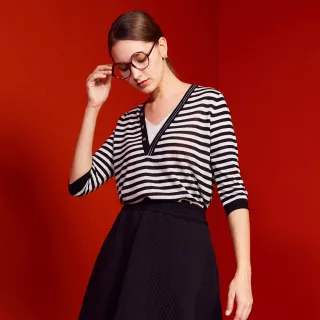 【GLORY21】速達-網路獨賣款-etc.假二件式七分袖V領羊毛針織上衣(黑條)