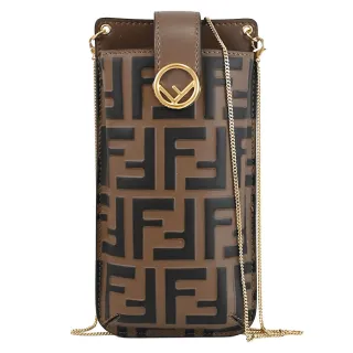 【FENDI 芬迪】經典雙F立體壓紋小牛皮鏈帶手機包斜背包(深咖)