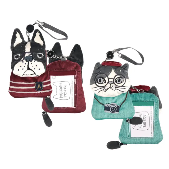 【Kusuguru Japan】日本眼鏡貓 票卡夾 零錢包 刺繡絨毛立體造型伸縮卷線票卡包 -Animal Mo(其他規格)