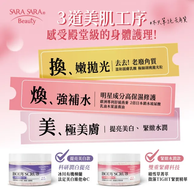 即期品【SARA SARA 莎啦莎啦】美體嫩膚拋光霜288g-3入(提亮美白/緊緻水潤 磨砂膏 任選)