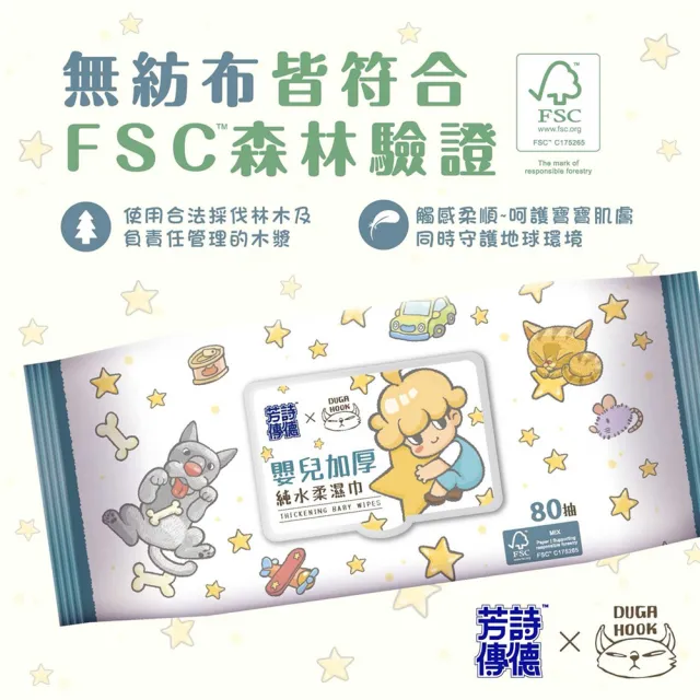 【芳詩傳德 X Duga & Hook】極厚款 嬰兒加厚超純水柔濕巾/濕紙巾 80抽X8包(加蓋)