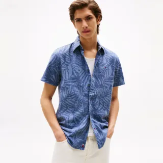 【TOMMY HILFIGER】官方旗艦館棕櫚印花棉麻襯衫_藍色