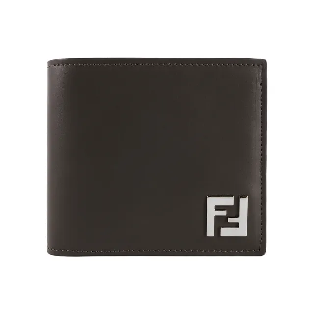 【FENDI 芬迪】銀色FF Logo 皮革拼接塗層帆布對開8卡短夾(綠色/棕色)
