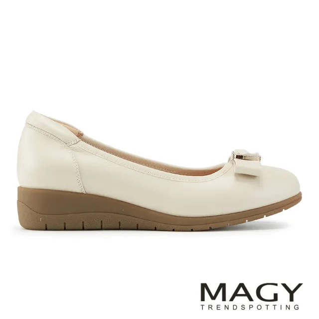 【MAGY】柔雅蝴蝶結牛皮厚底楔型鞋(米色)