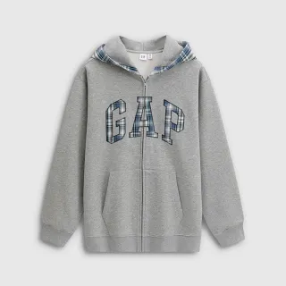 【GAP】男裝 Logo刺繡刷毛連帽外套-淺灰色(788114)