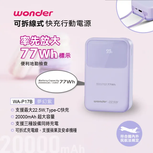 【WONDER 旺德】可拆線式快充行動電源 20000mAh 紫(WA-P17B)