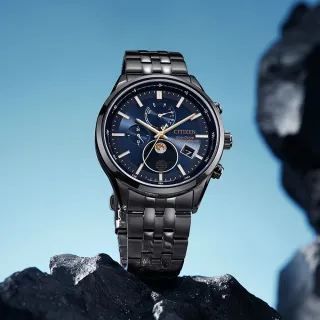 【CITIZEN 星辰】光動能 電波萬年曆 月相錶 42MM 黑 新年禮物 交換禮物(BY1035-56L)