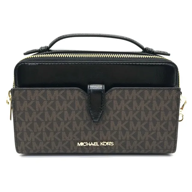 【Michael Kors】MK Logo雙拉鍊手提斜背兩用包(咖)