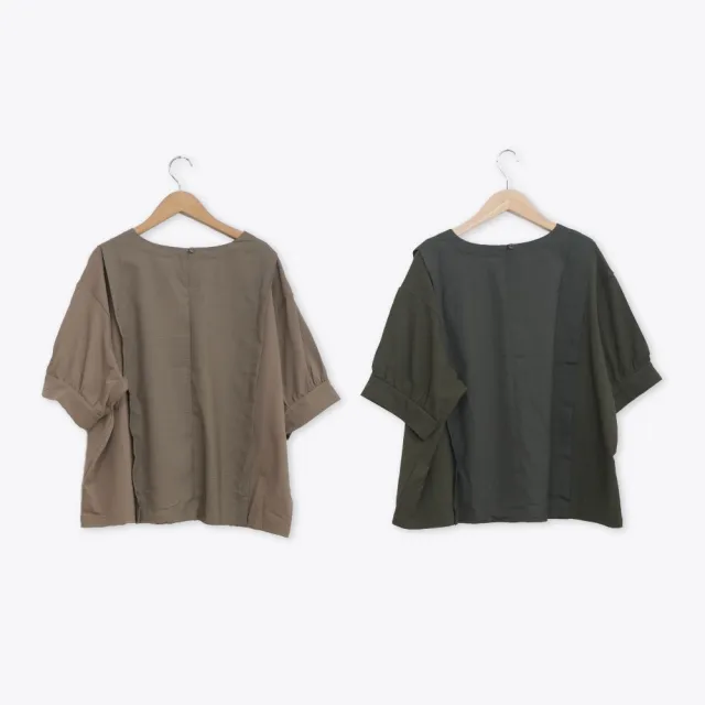 【MOSS CLUB】異材質拼接泡袖圓領上衣(綠 咖)