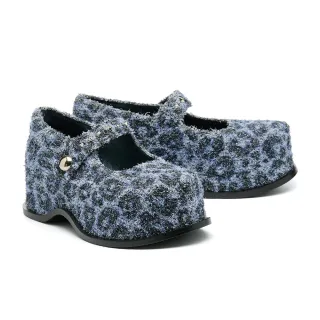 【MISS 21】霸氣豹力鉚釘豹紋布魔鬼氈瑪莉珍大頭厚底鞋(藍)