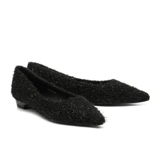 【AS 集團】復古浮誇純色細閃絨毛布尖頭低跟鞋(黑)
