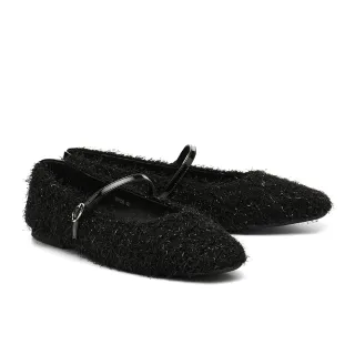 【AS 集團】奢華狂歡亮感繫帶細閃絨毛布瑪莉珍平底鞋(黑)