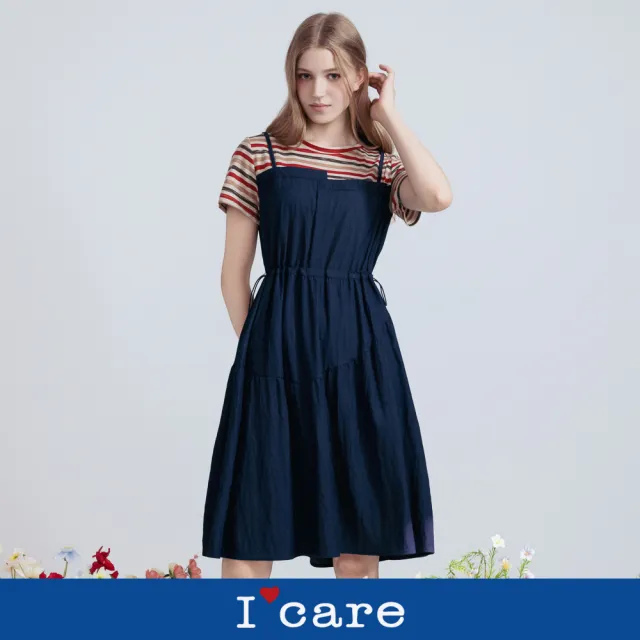 【I’Care 依卡】現貨-藍橘色減齡感抽褶吊帶洋裝（F）｜休閒洋裝 假兩件吊帶 短洋裝(607-20906)