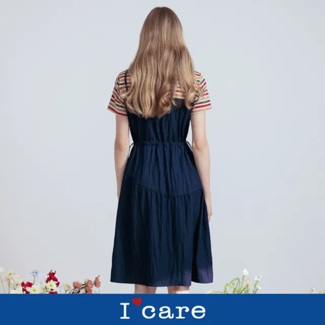【I’Care 依卡】現貨-藍橘色減齡感抽褶吊帶洋裝（F）｜休閒洋裝 假兩件吊帶 短洋裝(607-20906)