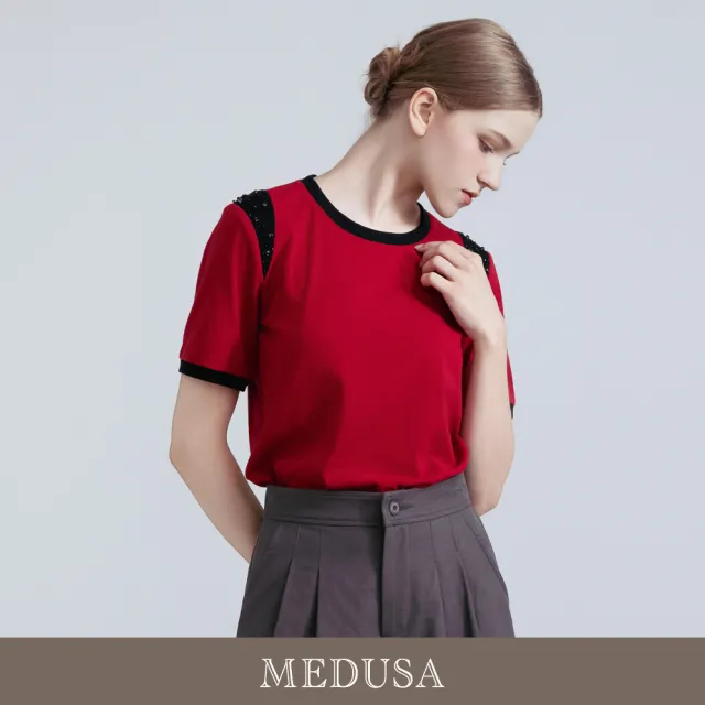 【MEDUSA 曼度莎】現貨-時髦拼色鑽飾休閒上衣 - 2色（M-XL）｜女短袖T恤 造型T恤 上班T恤(601-35601)