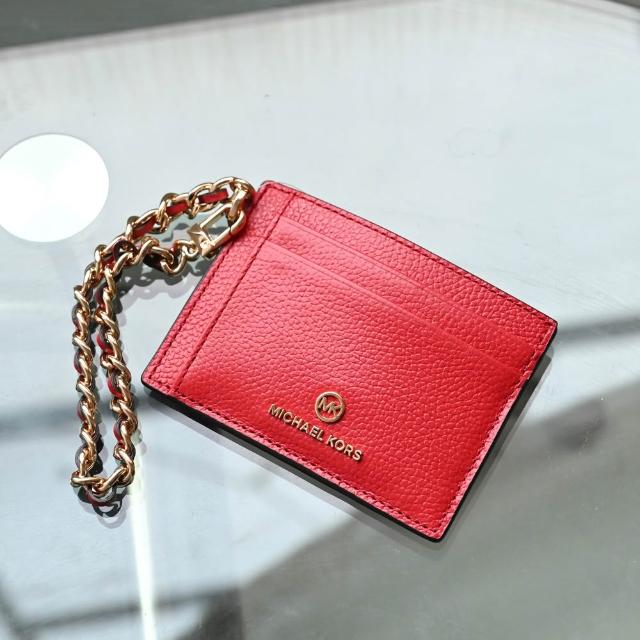 【Michael Kors】簡約圓標LOGO皮革鍊條掛飾信用卡名片隨身卡(赤紅)