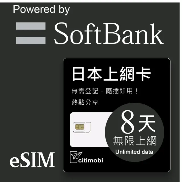 【citimobi】eSIM日本8天吃到飽不降速(日本網卡 吃到飽 不降速 日本 網卡 沖繩 大阪 北海道 eSIM)