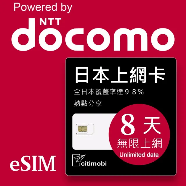【citimobi】eSIM日本DOCOMO 8天吃到飽不降速(日本網卡 吃到飽 不降速 日本 網卡 沖繩 大阪 北海道 eSIM)