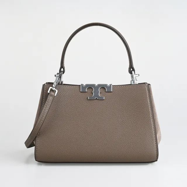 【TORY BURCH】TORY BURCH Eleanor 鍍銀T字LOGO皮革拼側邊麂皮磁吸釦斜背包(蘑菇棕)