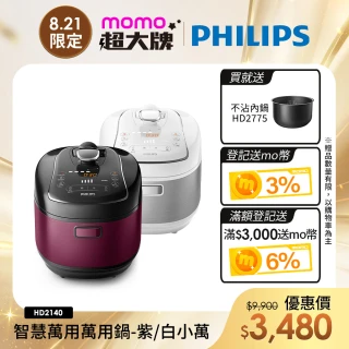 【Philips 飛利浦】智慧萬用電子鍋/壓力鍋/萬用鍋 HD2140(紫小萬/白小萬)