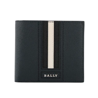 【BALLY】Trasai 防刮牛皮黑白條紋對開8卡短夾(深藍色)