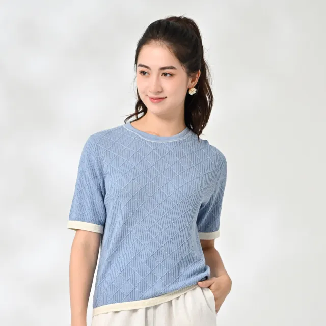 【御絹坊】質感優雅滾邊菱格紋路蠶絲針織上衣