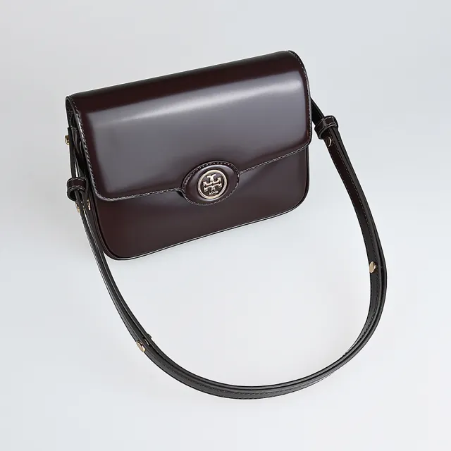 【TORY BURCH】TORY BURCH Robinson 圓標金屬T字LOGO漆皮方形斜背包(葡萄紫紅)