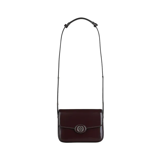 【TORY BURCH】TORY BURCH Robinson 圓標金屬T字LOGO漆皮方形斜背包(葡萄紫紅)