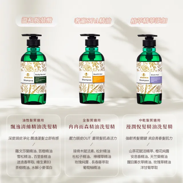 【APISERUM 愛比森】精油香氛洗沐3入組(300ml/無慮悠淨/奢靡花園/濡沐森林/飄逸輕絲/冉冉而森/漫潤悅髮)