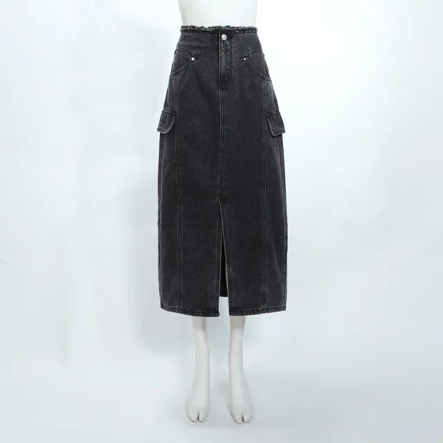 【ILEY 伊蕾】水洗前開衩縲縈牛仔鉛筆長裙(黑；M-XL；1252268206)