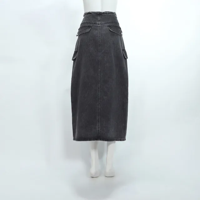 【ILEY 伊蕾】水洗前開衩縲縈牛仔鉛筆長裙(黑；M-XL；1252268206)